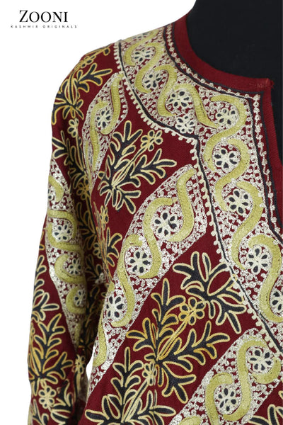 CLEARANCE: Pure Wool Embroidered Kashmiri Pheran/Feran: Aari (Stitched) - Deep Red